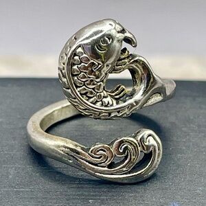 Silver Tone Textured Koi Fish on a Wave Wrap Ring. Size 5 but Adjustable
